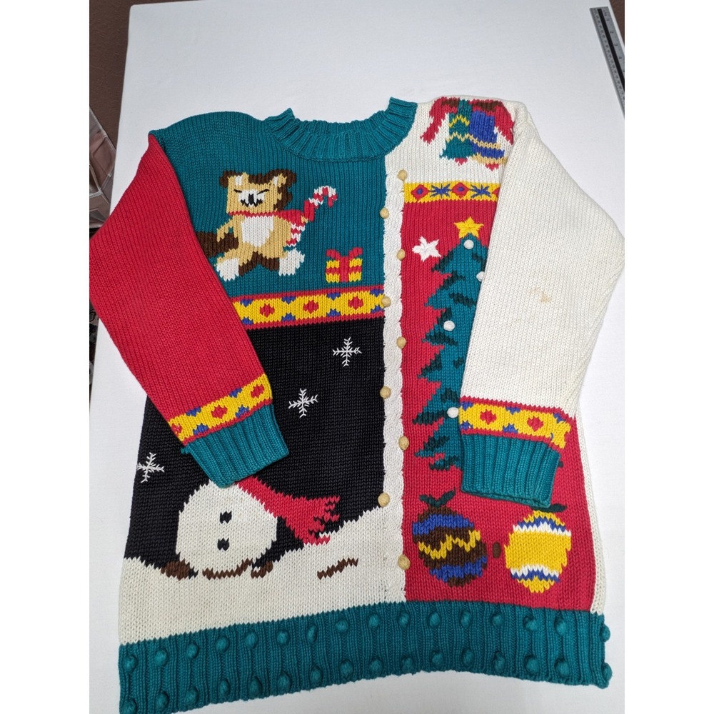 Yarnworks Vintage 90s Ugly Christmas Sweater Petite Large Colorblock Bear Tree